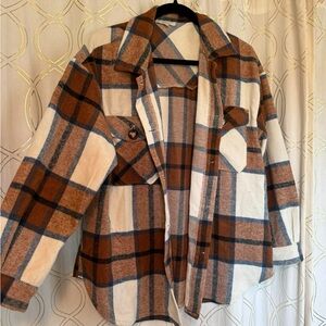 Cozy Plaid Utility Jacket in Brown and Cream
